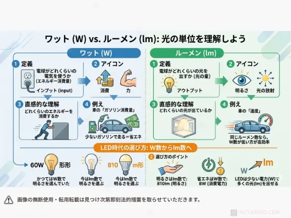 「ワット(W)」と「ルーメン(lm)」の違い