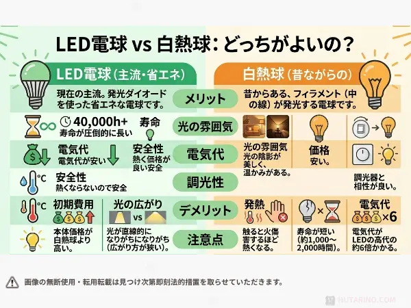 白熱球とLED電球の特徴・性能を比較表