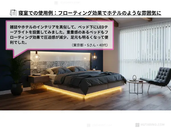 LEDテープライトを使用したの寝室の様子の写真 ベッドの重量感が軽減されて広々とした印象に