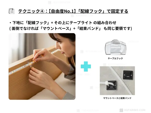 「ケーブルフック」や「配線留め」といった小さなフックを等間隔に並べ、テープライトを数カ所、物理的に挟んで固定していくのです。