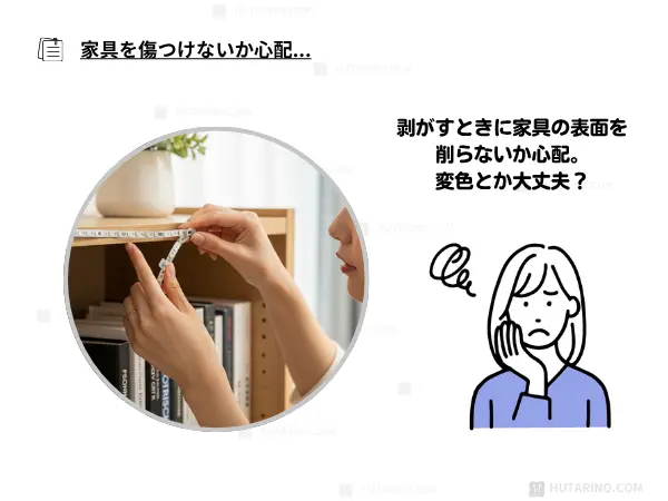 テープライト、側面や背面とはいえ、剥がすときに表面を削らないか心配。変色とか大丈夫？」