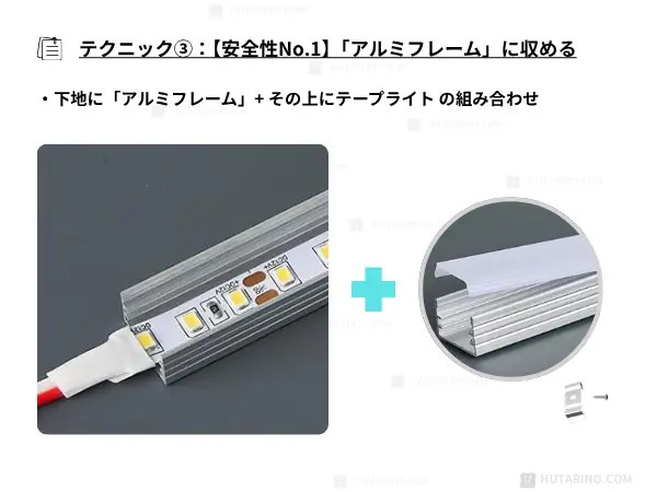 「アルミフレーム」という、専用のレールのようなパーツにLEDテープライトを収め、そのフレームごと壁に固定する方法です。
