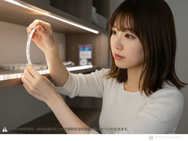 テープライトを棚に取り付ける様子の写真