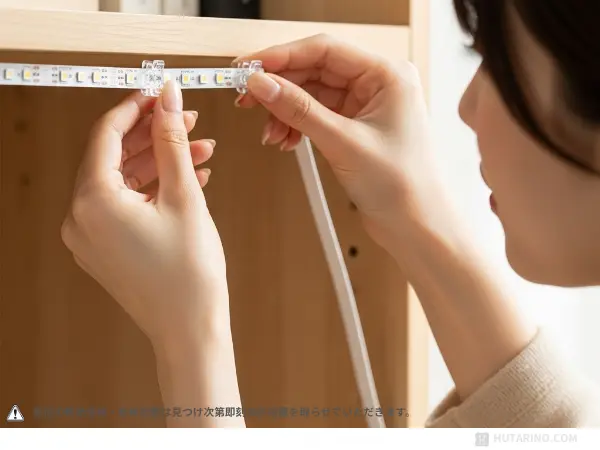 テープライトを棚に取り付ける様子の写真