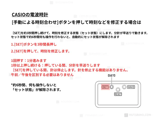 casioの電波時計の説明 SETボタンの位置を示すイラストと手動による時刻合わせの解説