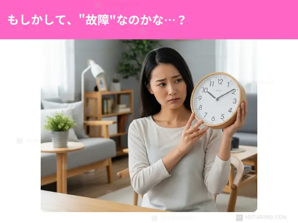 時計とその取扱説明書をテーブルの上に並べて静かに考え込んでいる人物。