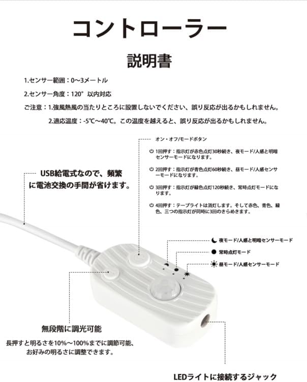 テープライトコントローラー スイッチ ストリングライト LEDテープライト コントロール 調光器 人感 明暗 センサー付き 三つモードある ストリップライト無