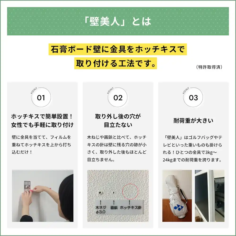 石膏ボード壁に設置可能な金具、「壁美人」最大静止荷重は1枚あたり6kg。 壁美人 石膏ボード用固定金具P-4金具セット 白（2枚）静止荷重6kg用×2枚入 ※カバー無し [壁掛け 収納 壁面収納 壁掛け金具 簡単設置 石膏ボード壁 ホッチキス設置 若林製作所]