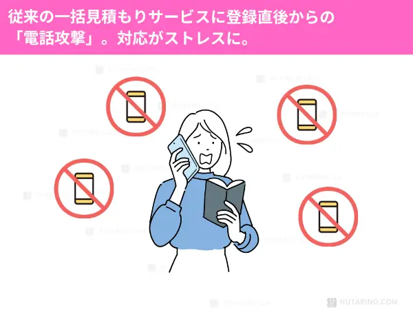 従来の一括見積もりで営業電話が止まらないイラスト