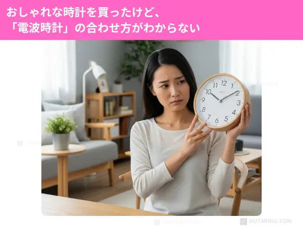 電波時計の合わせ方に悩む女性の写真