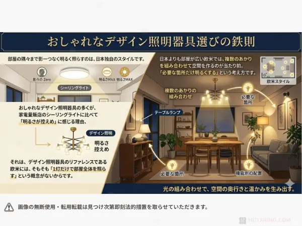 おしゃれな照明選びの鉄則とは？を紹介するイラスト