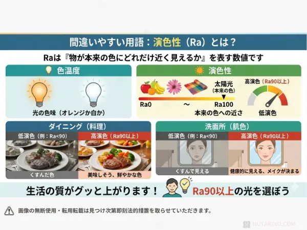 間違いやすい用語:「演色性(Ra)」を説明するイラスト